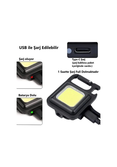 Çok Fonksiyonlu Taşınablr Anahtarlık Şarjlı Kamp Balıkçı Feneri Siyah