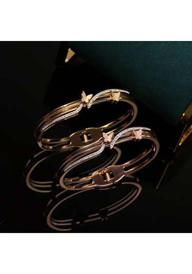 Novahub Altın Kızlar İçin Kırmızı Kelebek Titanyum Çelik Bilezik - Solmaz Moda Bilezik Kadınlar İçin Altın Renk Altın