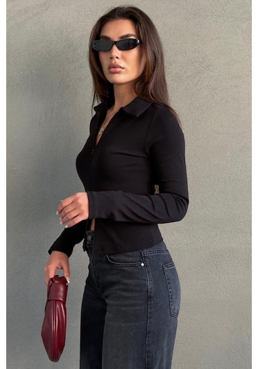 Siyah Polo Yaka Çift Fermuarlı Slim Fit Kadın Body Mg2652 Siyah