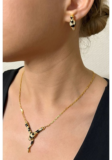 18k Altın Kaplamalı 925 Ayar Gümüş Tasarım Yılan Set - 67022102 Altın