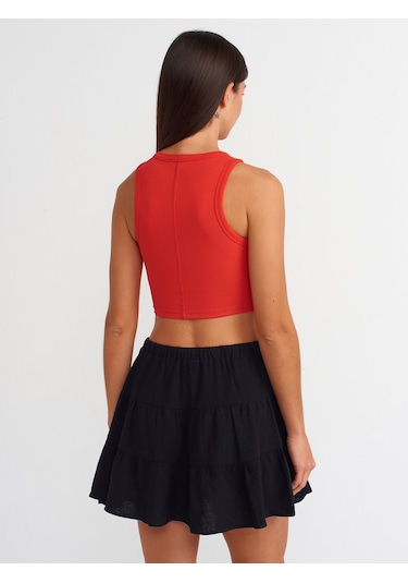 Dilvin Dikiş Efektli Crop Top Kırmızı Koyu Kırmızı
