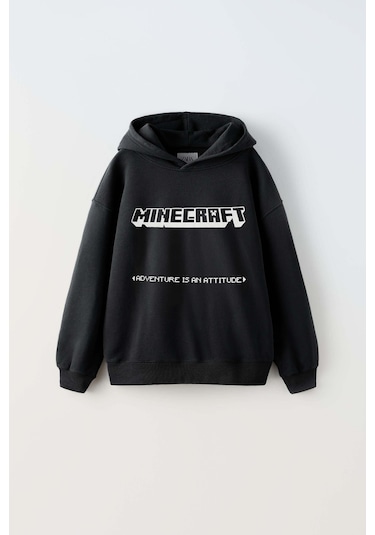 Erkek Çocuk Mınecraft Modelli Pamuk Kapşonlu Sweat Siyah
