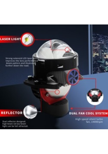 W60 Çift Reflektör Tasarımlı Çift Led Projektör Lensli Lazer Far