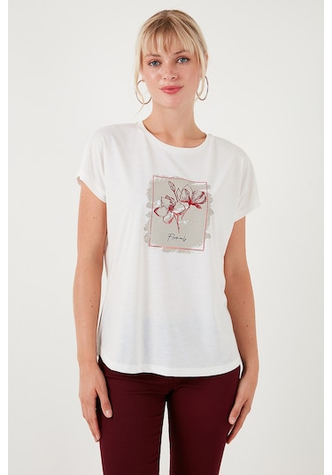 Lela Baskılı Bisiklet Yaka Regular Fit Bayan T Shirt 6671002 Ekru