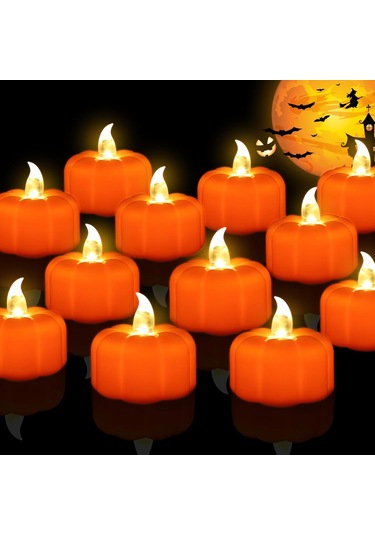 Cadılar Bayramı Balkabağı Tealight Süslemeleri Sonbahar Dekorasyonu, 24'lü Paket Led Turuncu Balkabağı Mumları Alevsiz Pil İle Çalışır Çok Renkli