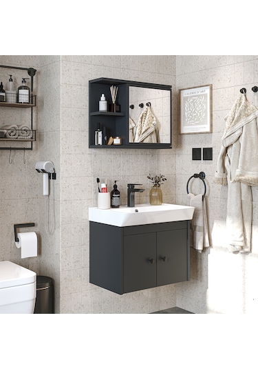 Lavabolu Mat Suntalam 60 Cm Banyo Dolabı, Aynalı Üst Dlp Antrasit