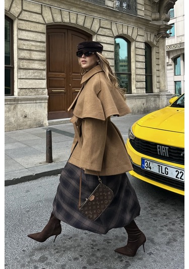 Camel Livia Pelerin Detaylı Kaşe Kaban Camel