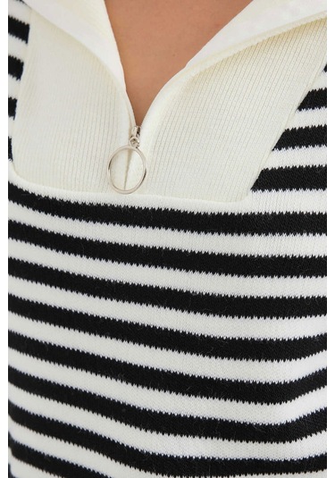 Gabria Fermuarlı Çizgili Kazak Ekru