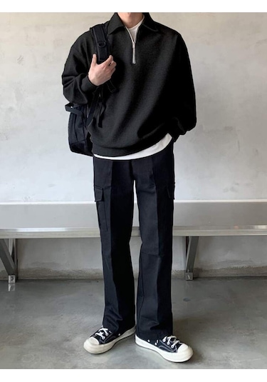 Genius Store Polo Yaka Yarım Fermuar Oversize Erkek Sweatshirt - Siyah