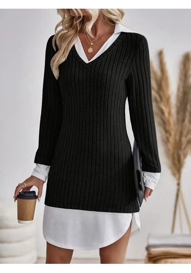 Kadın Uzun Kollu Yakalı Şardonlu Kaşkorse Dokuma Detaylı Elbise Siyah