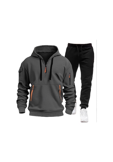 Erkek Kışlık Günlük Trend V Yaka Fermuarlı Kazak Koyu Gri