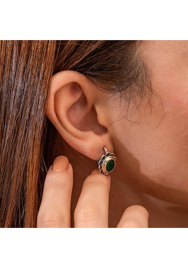 Gümüş Yeşil Çiçek Desenli Otantik Kadın Küpe Gümüş