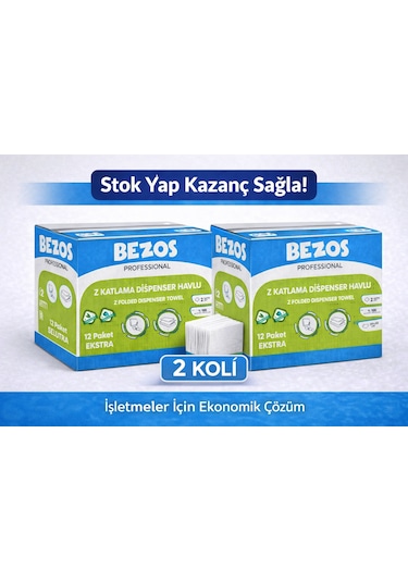 Bezos Z Katlamalı Dispenser Havlu 2 Katlı 20x22 Cm %100 Selüloz 2 Koli Avantaj Paket