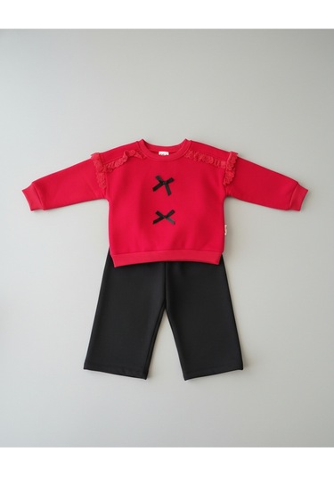 Kırmızı Dantelli Kurdeleli Alt Üst Takım Kız Çocuk Kırmızı