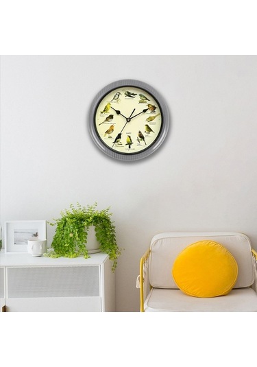 Pazly Suntek Ses Saati Pille Müzikal Kuşlar Gri-25cm Gri Duvar Çalışan 25cm Bz Çok Renkli