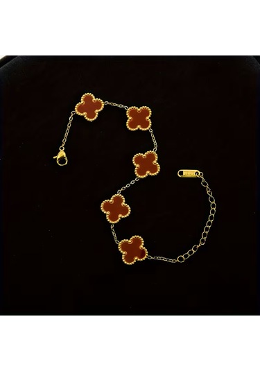 Çelik Bileklik Dört Yapraklı Küçük Yonca Bordo Sedef Taşlı Uzunluk 18 Cm Gold Altın - Gold