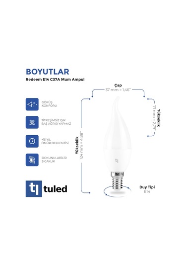 Redeem C37a E14 Mum Ampul, Titreşimsiz, Göz Konforu, 518 Lümen, Parlak Beyaz, 5700 Kelvin