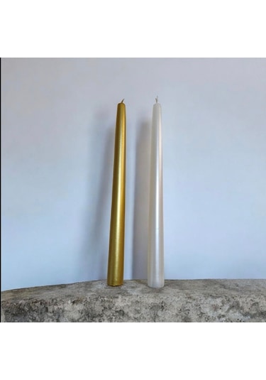 Denic 2 li Metalik Gold ve İnci Beyaz Şamdan Mum Konik Mum