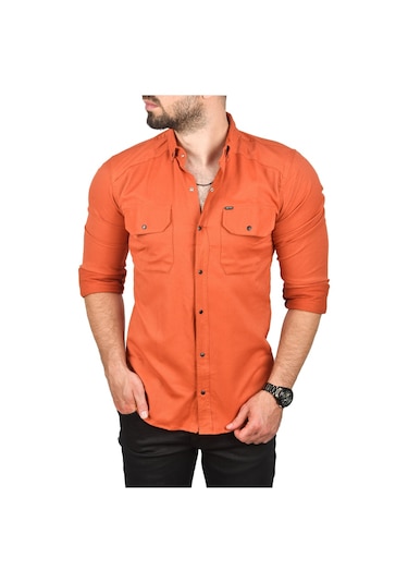 Deepsea Erkek Kiremit Slim Fit Dar Kesim Pamuklu Spor Gömlek Çıtçıtlı Likralı Gabardin Gömlek 2300421 Kiremit