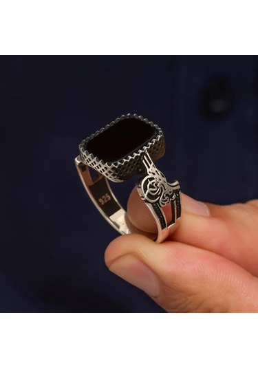 Siyah Oniks Taşlı Tuğra Motifli 925 Gümüş Erkek Yüzük Beyaz