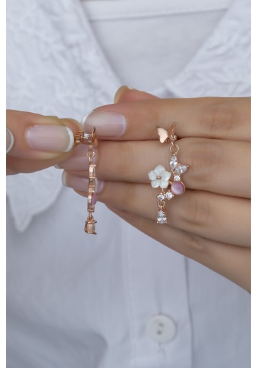 Nereze 925 Ayar Gümüş Pembe Taşlı Kelebek Manolya Çiçeği Küpe