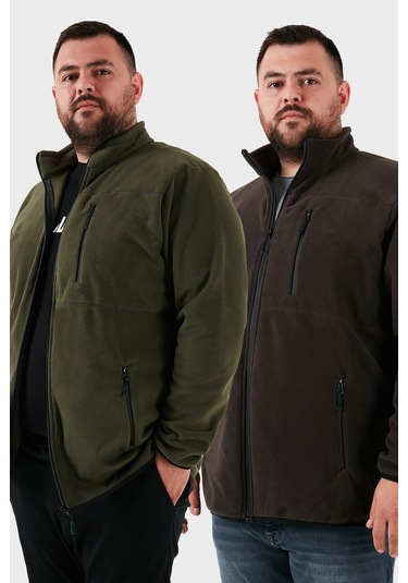 Buratti Regular Fit Dik Yaka Fermuarlı Büyük Beden 2'Li Paket Polar Erkek Hırka 5906028Bs2 Antrasit-Haki