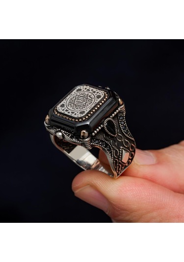 Süleyman Mührü Kare Desenli 925 Gümüş Erkek Yüzük