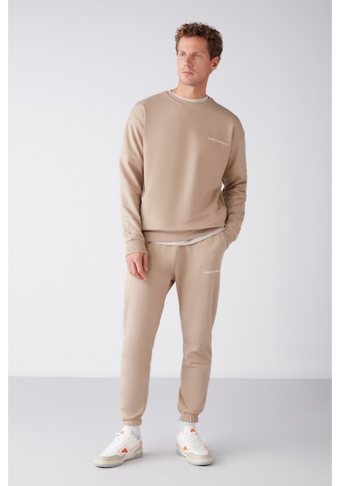Marshall Erkek Pamuklu Içi Polarlı Nakışlı Relaxed Bej Eşofman Takımı
