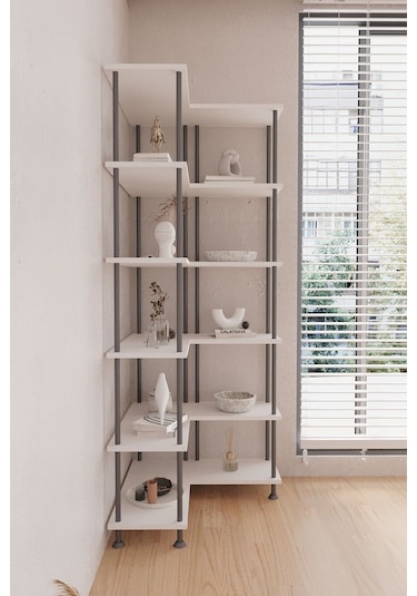 Çevir Kur Beyaz Köşe Kitaplık Çok Amaçlı Dekoratif Raf Ünitesi 71 74 177 Cm Beyaz