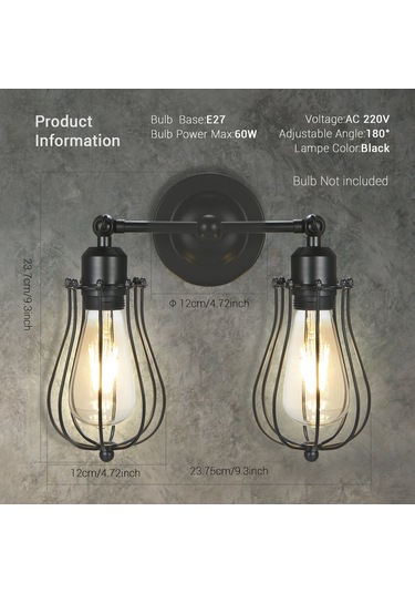 Leezsing Retro Çift Başlı Duvar Lambası - 60w E27 Soketli, Siyah 8'li Paket Siyah