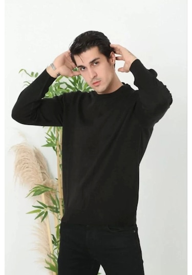 Blacktree Unisex Uzun Kol Biskilet Yaka Dokuma Triko - Siyah Siyah