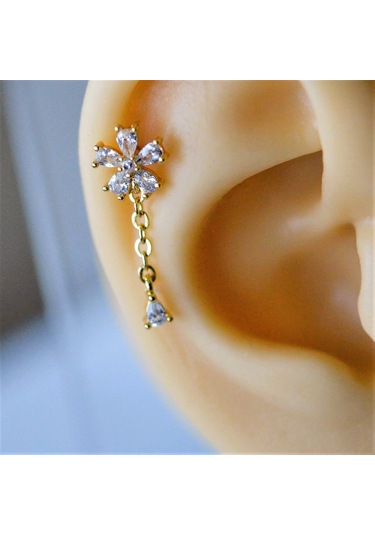 Heppii Cerrahi Çelik Zincir Sallantılı Çiçek Tragus Piercing Helix Kıkır Çok Renkli