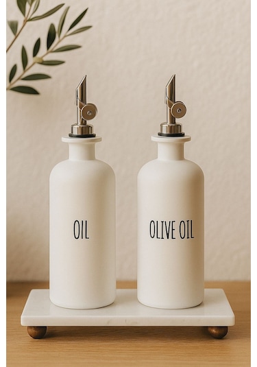 Qerhome Mermer Stantlı 2'li Beyaz Gümüş Başlıklı Cam Yağdanlık Seti Oil-olive Oil-vinegar-sauce 500 Ml Beyaz