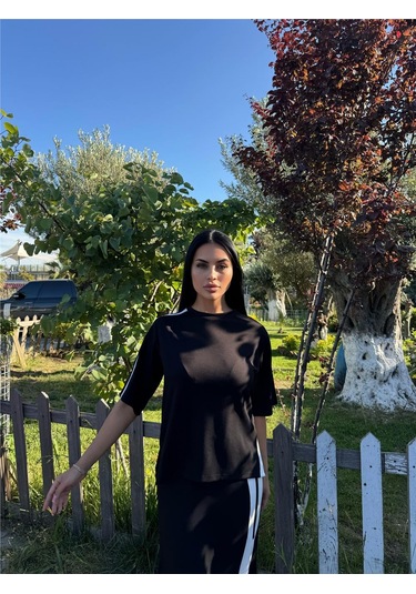 Siyah Polyester Keten Çizgili Yandan Takım Siyah