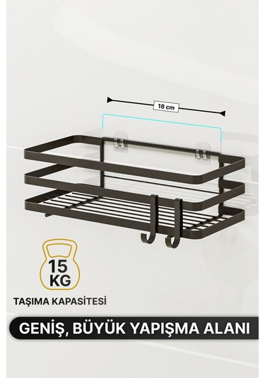 Banyo Düzenleyici Şampuanlık Sabunluk 1 Adet Lamalı Yapışkanlı 2 Askılı Duş Rafı Organizer Siyah