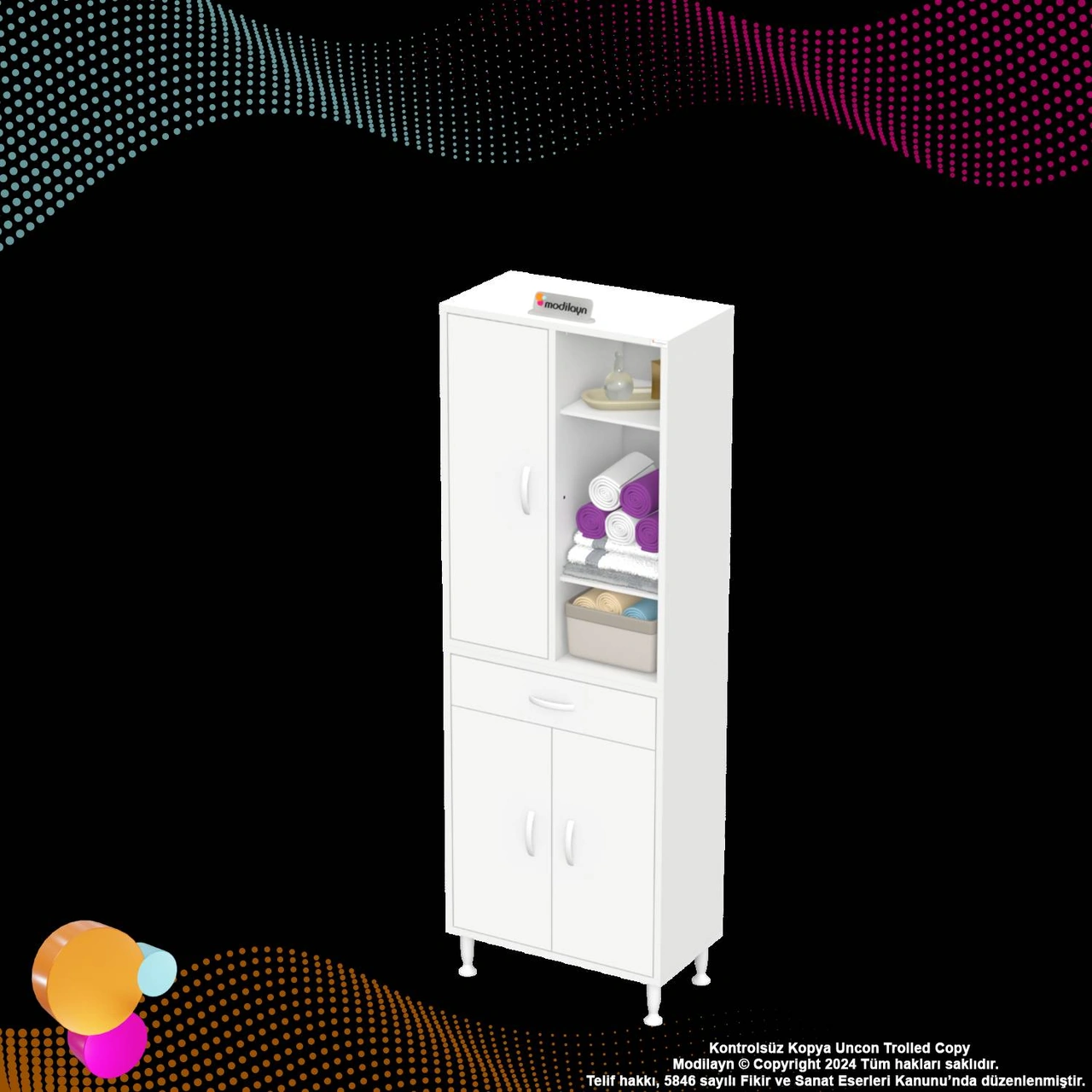 Kayra Banyo Ve Mutfak Dolabı Çok Amaçlı Dolap Tek Çekmece 3 Kapak 5 Raf 8 Bölme 55x173x32,5 Cm Beyaz