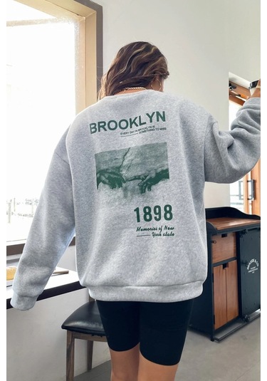 Modagen Unisex Gri Brooklyn 1898 Baskılı Bisiklet Yaka Oversize Sweatshirt Gri