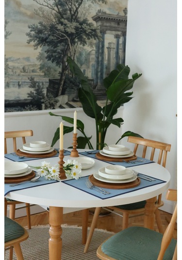 Yakacihome 4'lü Pera Mavi Biye Detaylı Duck Keten Yıkanabilir, Leke Tutmaz Supla Amerikan Servis Seti Mavi