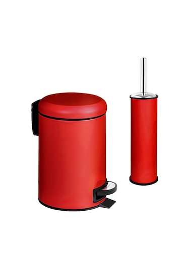 Elit İkili Banyo Seti Kırmızı 3lt Çöp Kovası Tuvalet Fırçası Kırmızı