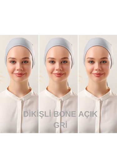 Kadın Tesettür Dikişli Set Bone Açık Gri 3 Adet Bağlamalı Penye Bone Açık Gri