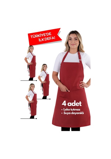 4 Adet Simple Ayarlanabilir Askılı Mutfak Önlüğü Vişne