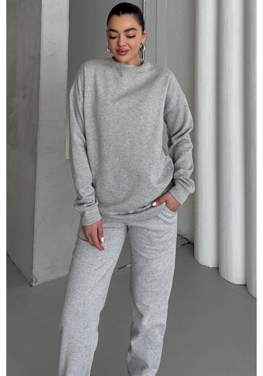 Modagen Kadın Grimelanj Bisiklet Yaka Düz Alt-üst Eşofman Takım Griii