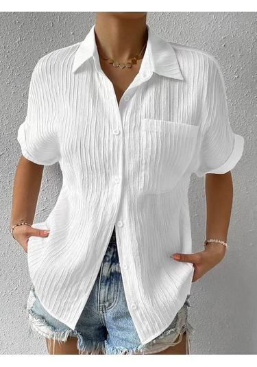 Kadın Cep Gömleği Düz Renk Günlük Yaka Gömleği Dikey Çizgili Üst Beyaz