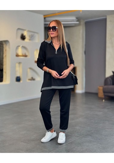 Modaserdem Kadın Uzun Kollu Ribana Ve Fermuar Detay Bluz Ve Yüksel Bel Pantolon 2li Takım Siyah