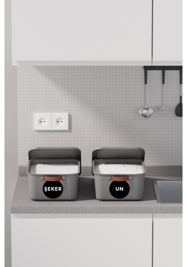 2 Li Bakliyat Erzak Saklama Kabı Un Şeker Saklama Kutusu Kapaklı Kulplu Plastik Saklama Kabı Gri