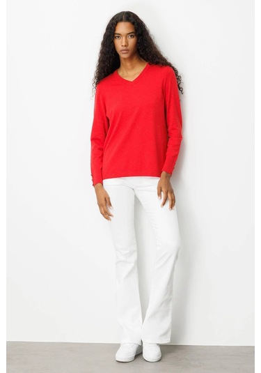 Desen Triko Kadın V Yaka Kolları Düğmeli Simli Bluz 23393 Açık Kırmızı Açık Kırmızı