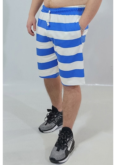 Mavi Çizigili Pamuklu Şort Beyaz - Mavi
