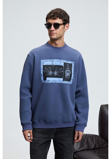 Grimelange LUCIAN Erkek Göğsü Baskılı Yuvarlak Yaka Regular Fit İndigo Sweatshirt