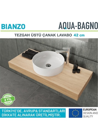 Aqua Bagno Bianzo Tezgah Üstü Çanak Lavabo, Batarya Deliksiz, 42 Cm Beyaz