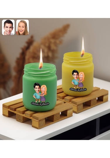 Bk Gift Kişiye Özel Dtf Karikatürlü 2 Li Yeşil Ve Sarı Renkli Cam Kavanozda Kokulu Mum-1, Arkadaşa Hediye, Sevgiliye Hediye